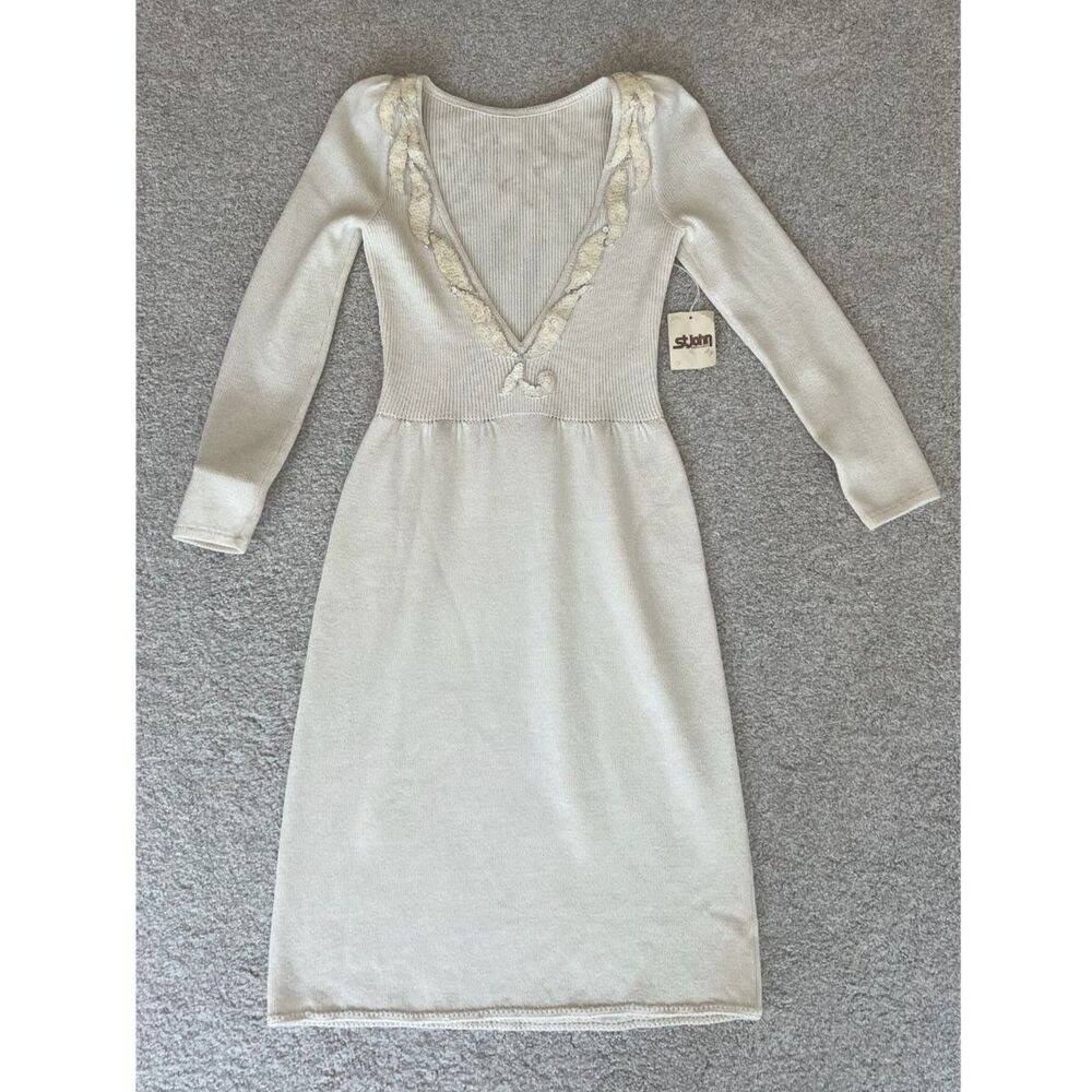 Vintage St. John By Marie Gray Ivory Wool Blend Long Sleeve Sweater Dress Size 4